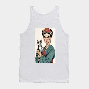 Frida and Her Furry Friend: Cartoon Illustration Tank Top